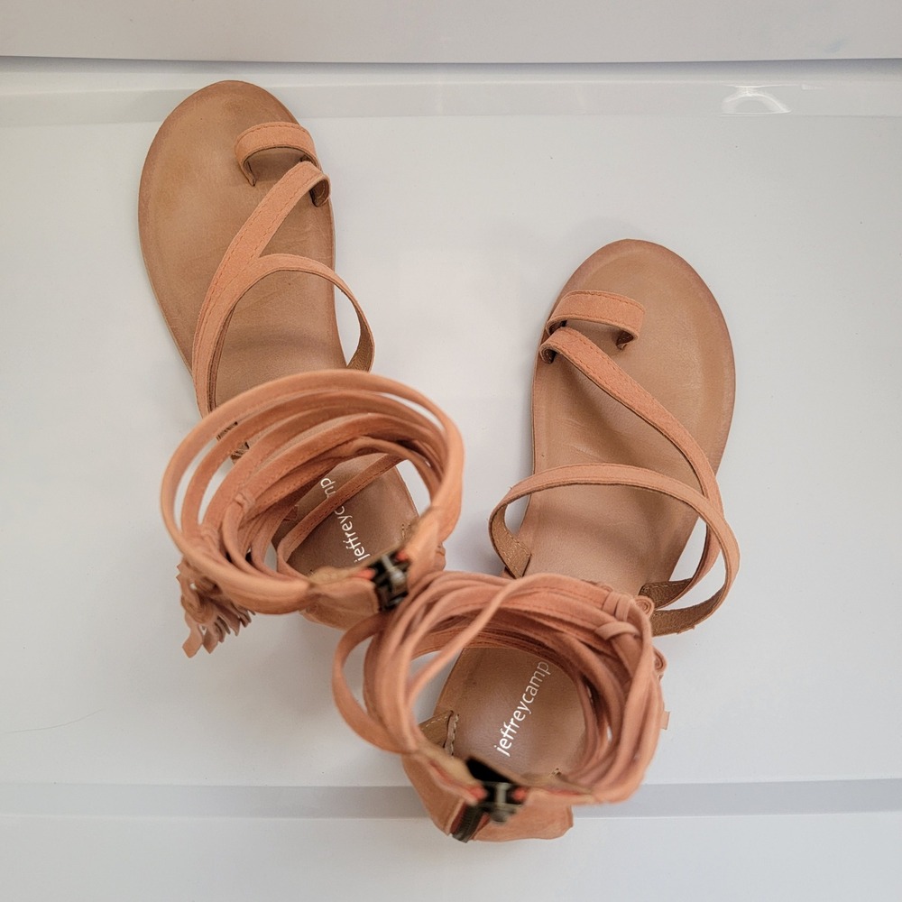 Jeffrey Campbell Leather Fringe Gladiator Flat Sandals Pink‎ Summer Boho Size 9